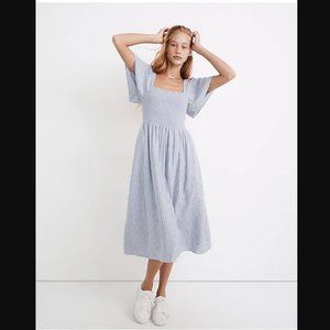 MADEWELL Linen-Blend Lucie Smocked Midi Dress in Stripe